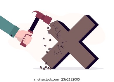 Stop obsessing over mistakes. Hand uses hammer and smash big cross sign. Beginner learning from mistake for career growth or being more professional, overcoming obstacles and failures. flat vector