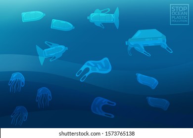 stop ocean environmental pollution concept, plastics bottle in marine shape, trash, garbage and waste bag underwater. vector illustration