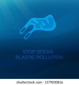 stop ocean environmental pollution concept, plastic bag in marine shape, trash, garbage and waste underwater. vector illustration