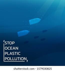 stop ocean environmental pollution concept, plastics bottles in marine fish shape, trash, garbage and waste bag underwater. vector illustration