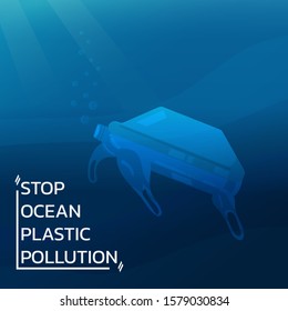 stop ocean environmental pollution concept, plastics bottle in turtle shape, trash, garbage and waste bag underwater. vector illustration