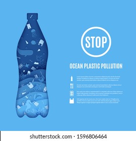 Stop ocean plastic pollution banner design template in paper cut style. Papercut 3d background. Bottle cut out silhouette inside which sea inhabitants plastic garbage. Vector World Oceans Day concept