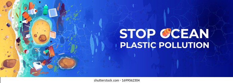 Stop Ocean Plastic Pollution Banner. Polluted Sea Coastline With Garbage And Waste Top View. Vector Cartoon Landscape Of Sand Beach And Ocean With Floating Dirty Trash, Boxes And Bottles