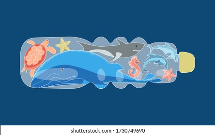 Stop ocean plastic pollution banner. Sea animals in a plastic bottle on blue background concept. Flat Art Vector illustration