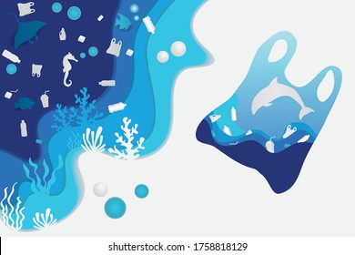 stop ocean plastic pollution banner design template in paper cut style. Underwater view through the bottle silhouette. 