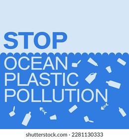 Stop ocean plastic pollution banner design template in paper cut style. Plastic bags float in sea, trash in water, garbage. Seabed reef, rubbish in waves. Ecological problem poster on blue background