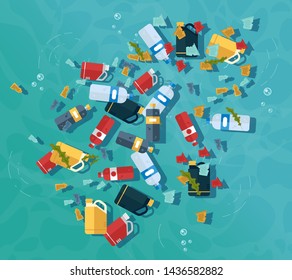 Stop Ocean Plastic Pollution. Plastic Bottles, Trash Bags, Waste In The Ocean. View From Above. Vector Illustration Of Dirty Trash In Ocean.