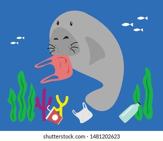 Stop Ocean Plastic Pollution Concept. Manatee Eat Plastic Bag.