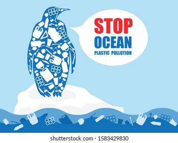 Stop ocean plastic pollution concept. Penguin composed of white plastic garbage bottle on blue background. Ecological poster animal. Vector illustration flat design template.