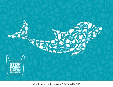 Stop ocean plastic pollution concept vector illustration. Dolphin marine mammal outline filled with plastic trash flat icons. Prevent ocean pollution ecology concept, sustainable lifestyle graphic.