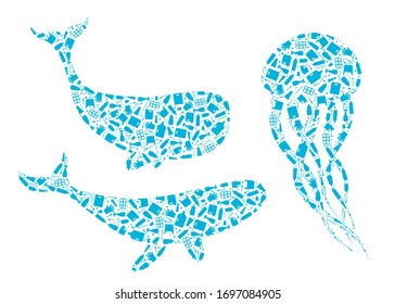 Stop ocean plastic pollution concept vector illustration. Marine animals outline set filled with plastic trash flat icons isolated on white background. Prevent ocean pollution ecology concept