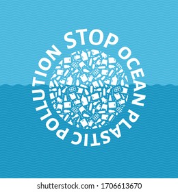 Stop ocean plastic pollution concept vector illustration. Circle globe filled with plastic trash flat icons and round sign. Prevent ocean pollution ecology concept, sustainable lifestyle graphic