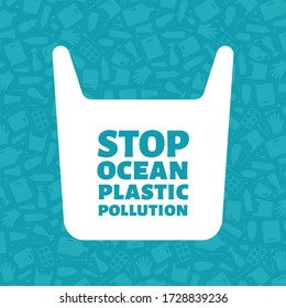 Stop ocean plastic pollution concept vector illustration. Single use plastic bag with sign on trash background Prevent ocean pollution ecology concept, sustainable lifestyle graphic.