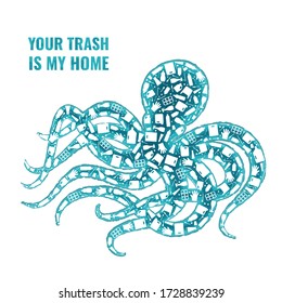 Stop ocean plastic pollution concept vector illustration. Octopus marine mollusc outline filled with plastic trash flat icons. Prevent ocean pollution ecology concept, sustainable lifestyle graphic.