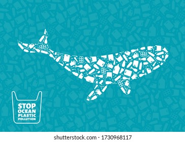 Stop ocean plastic pollution concept vector illustration. Whale ocean mammal outline filled with plastic waste flat icons. Underwater wildlife danger concept, global environmental problem banner.