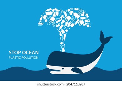 Stop ocean plastic pollution concept. whale with plastic waste icon. save ecological and environmental poster. vector illustration in flat style modern design. isolated on blue background.