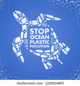 Stop ocean plastic pollution. Ecological poster. Turtle composed of white plastic waste bag, bottle on blue background.