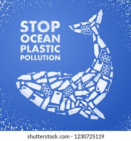 Stop ocean plastic pollution. Ecological poster. Whale composed of white plastic waste bag, bottle on blue background.