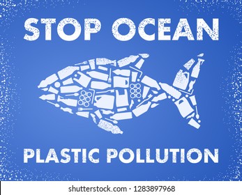 Stop ocean plastic pollution. Ecological poster Fish composed of white plastic waste bag, bottle on blue background.