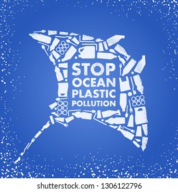 Stop ocean plastic pollution. Ecological poster Skate fish composed of white plastic waste bag, bottle on blue background. Plastic problem