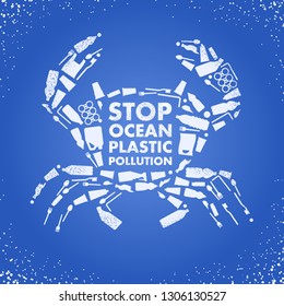 Stop ocean plastic pollution. Ecological poster Crab composed of white plastic waste bag, bottle on blue background. Plastic problem.