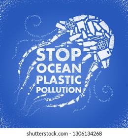 Stop ocean plastic pollution. Ecological poster Jellyfish composed of white plastic waste bag, bottle on blue background. Plastic problem