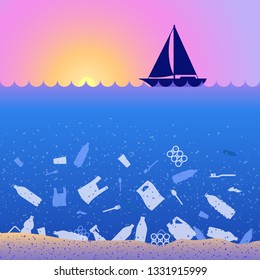 Stop ocean plastic pollution. Ecological poster. Sunset, sunrise, boat and garbage. Contrast. There are plastic garbage, bags, bottle on blue background in the water. Plastic problem. No fish.