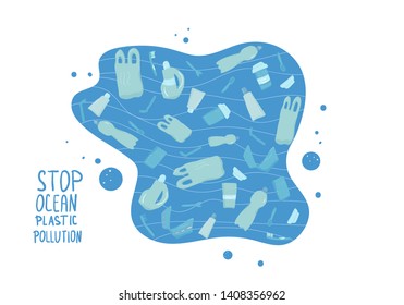 Stop ocean plastic pollution. Ecological problem emplem. Vector stylized text. 