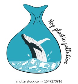 Stop ocean plastic pollution. Ecological poster with lettering. Whale jumping out of water full of trash in plastic bag, packet. Ocean pollution vector illustration. Rubbish in a whale