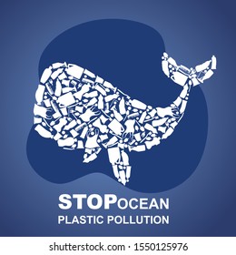 	
Stop ocean plastic pollution. Ecological poster. Whale composed of white plastic waste bag, bottle on blue background.
