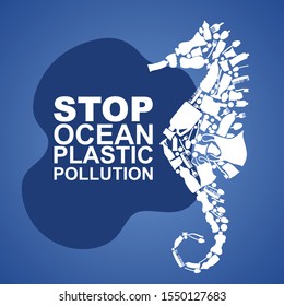 Stop ocean plastic pollution. Ecological poster Sea-horse composed of white plastic waste bag, bottle on blue background. Plastic problem.vector