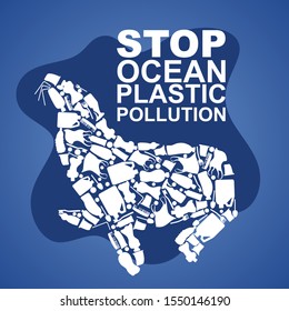 	
Stop ocean plastic pollution. Ecological poster. sea lion composed of white plastic waste bag, bottle on blue background.