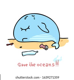 Stop ocean plastic pollution. Ecological poster.dead whale on the ocean.