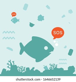 Stop ocean plastic pollution. Ecological poster. fish with plastic bottle inside and SOS text