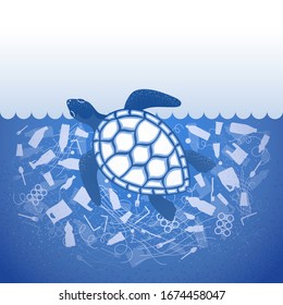 Stop ocean plastic pollution. Ecological poster Turtle in water with white plastic waste bag, bottle on blue background. Turtle in garbage. Flat design.