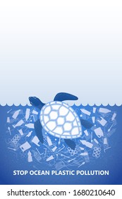 Stop ocean plastic pollution. Ecological poster. Turtle in water with white plastic waste bag, bottle on blue background. Copy space place. Flat design.