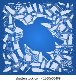 Stop ocean plastic pollution. Ecological poster Silhouette of turtle on white plastic waste bag, bottle background. Turtle in garbage on blue background. Flat design.