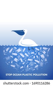 Stop ocean plastic pollution. Ecological poster Pelican, sea bird in water with white plastic waste bag, bottle on blue background. Copy space place. Flat design.