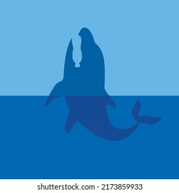 Stop ocean plastic pollution. Ecological poster Blue whale in white background. Copy space place with text. beat plastic pollution