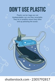 Stop ocean plastic pollution. Ecological poster. Whale composed of white plastic waste bag, bottle, Ocean plastic pollution, Polluted sea water with bottles, dead fishes, vector illustration