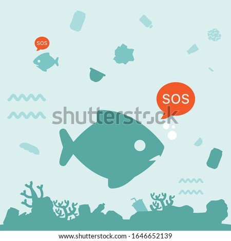 Stop ocean plastic pollution. Ecological poster. fish with plastic bottle inside and SOS text