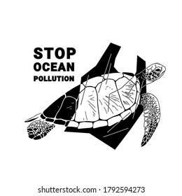 Stop ocean plastic pollution. Environmental poster. The concept of World Oceans Day helps protect animals and the environment. Sea turtle and plastic bag