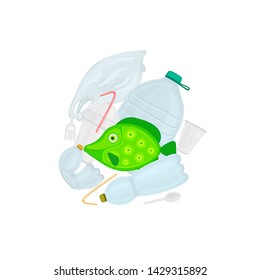 Stop ocean plastic pollution. The fish swims among the garbage. Marine life under threat. Waste in water. Trash underwater. Environmental Protection. Banner, brochure, poster, leaflet. Vector, eps10
