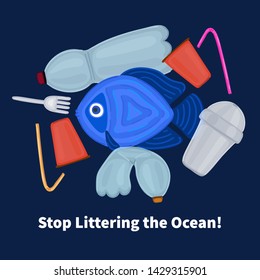 Stop ocean plastic pollution. The fish swims among the garbage. Marine life under threat. Waste in water. Trash underwater. Environmental Protection. Banner, brochure, poster, leaflet. Vector, eps10