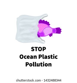 Stop ocean plastic pollution. The fish swims among the garbage. Marine life under threat. Waste in water. Trash underwater. Environmental Protection. Banner, brochure, poster, leaflet. Vector, eps10