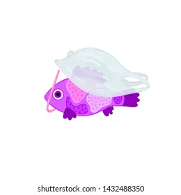 Stop ocean plastic pollution. The fish swims among the garbage. Marine life under threat. Waste in water. Trash underwater. Environmental Protection. Banner, brochure, poster, leaflet. Vector, eps10