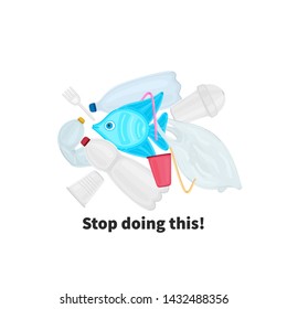Stop ocean plastic pollution. The fish swims among the garbage. Marine life under threat. Waste in water. Trash underwater. Environmental Protection. Banner, brochure, poster, leaflet. Vector, eps10
