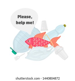 Stop ocean plastic pollution. The fish swims among the garbage. Marine life under threat. Waste in water. Trash underwater. Environmental Protection. Banner, brochure, poster, leaflet. Vector, eps10
