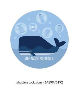 Stop ocean plastic pollution. Plastic garbage and whale in the ocean. 