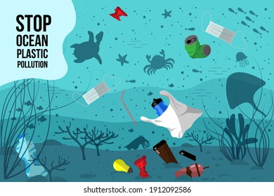 stop ocean Plastic pollution. Global environmental problem. Garbage on seabed among marine life. flat illustration